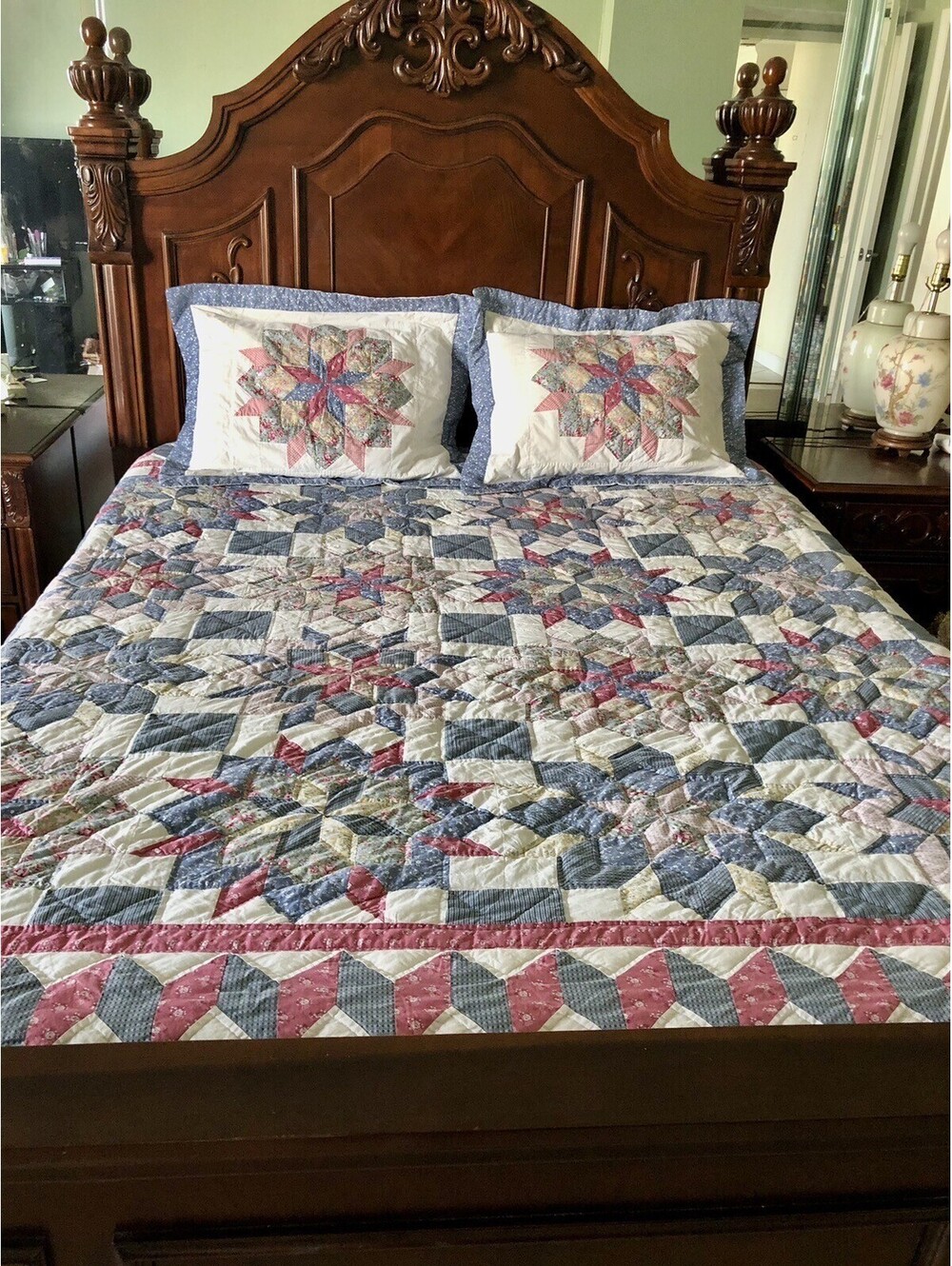 Reversible Blue/Green Floral Geometric Quilt 82”x 85” Bedspread /2 Pillowcase